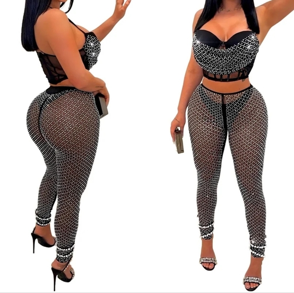 Rhinestones Mesh 2 pieces set outfit new strech material. Apricot color. - Picture 2 of 8